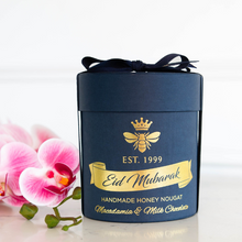 Load image into Gallery viewer, Eid Mubarak Dark Blue Small Hat Box - Macadamia &amp; Milk Chocolate
